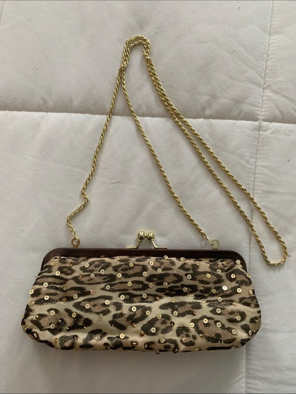 La Regale Gold and Brown Sequin Leopard Print Evening Clutch